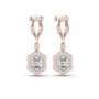 Rose gold drop earrings with square/diamond halo and round center stones