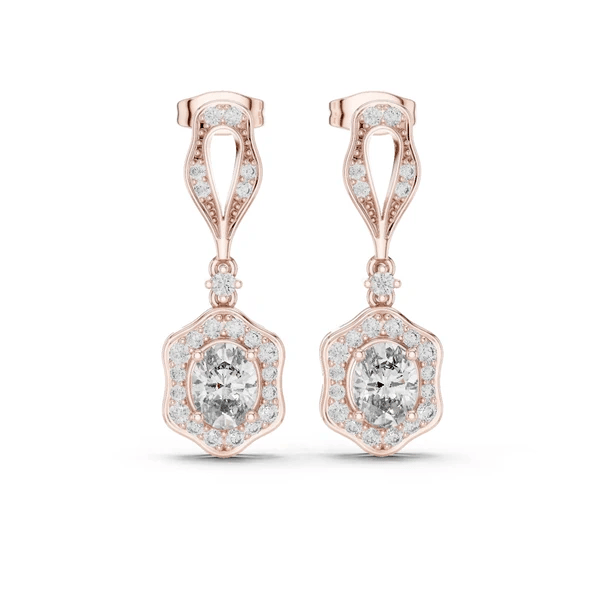 Rose gold drop earrings with square/diamond halo and round center stones
