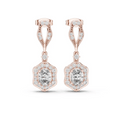 Rose gold drop earrings with square/diamond halo and round center stones