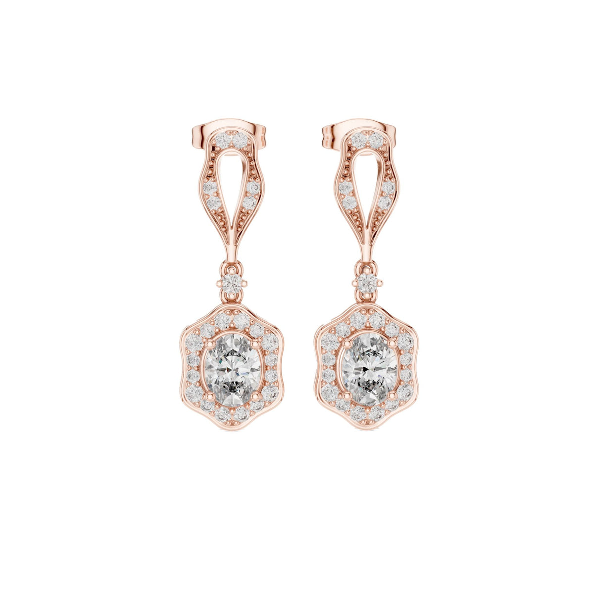 Rose gold oval cut drop earrings with halo diamonds and openwork oval top frames