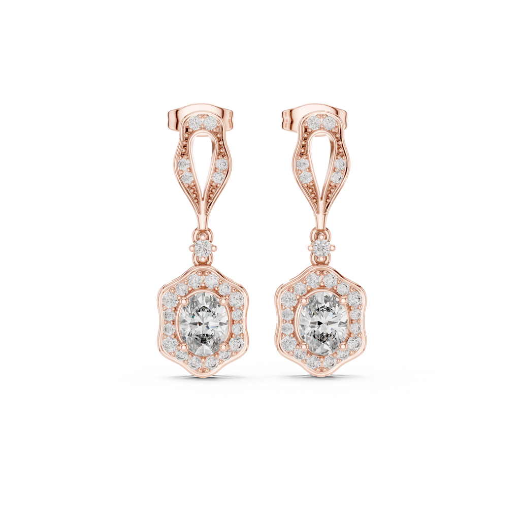 Rose gold dangling earrings with pear-shaped top frame and round clear center stones