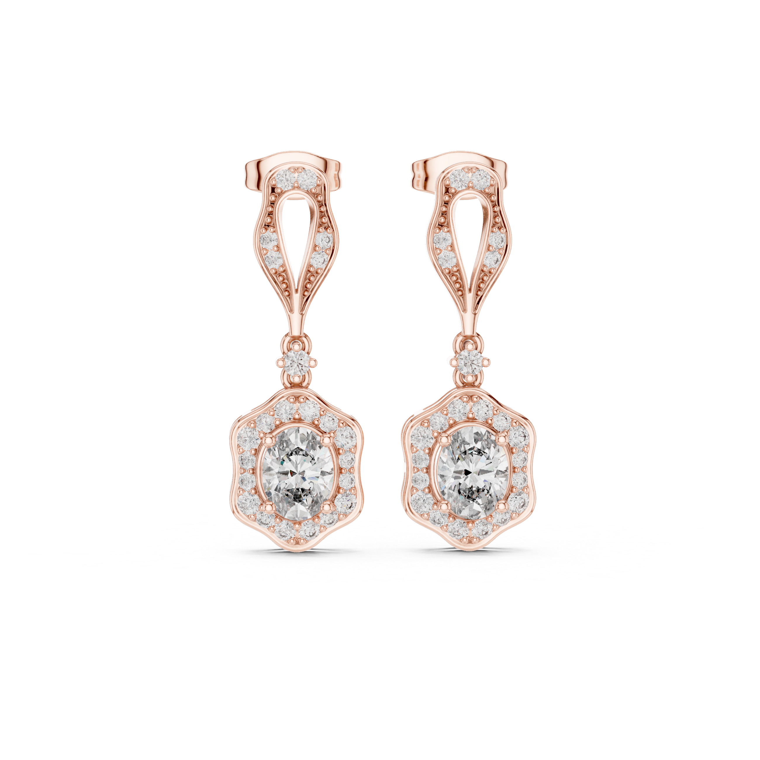 Rose gold dangling earrings with pear-shaped top frame and round clear center stones