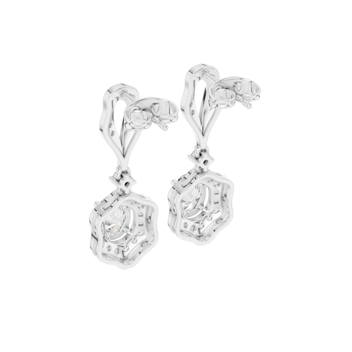 White gold oval cut drop earrings with openwork oval designs and sparkling diamond details