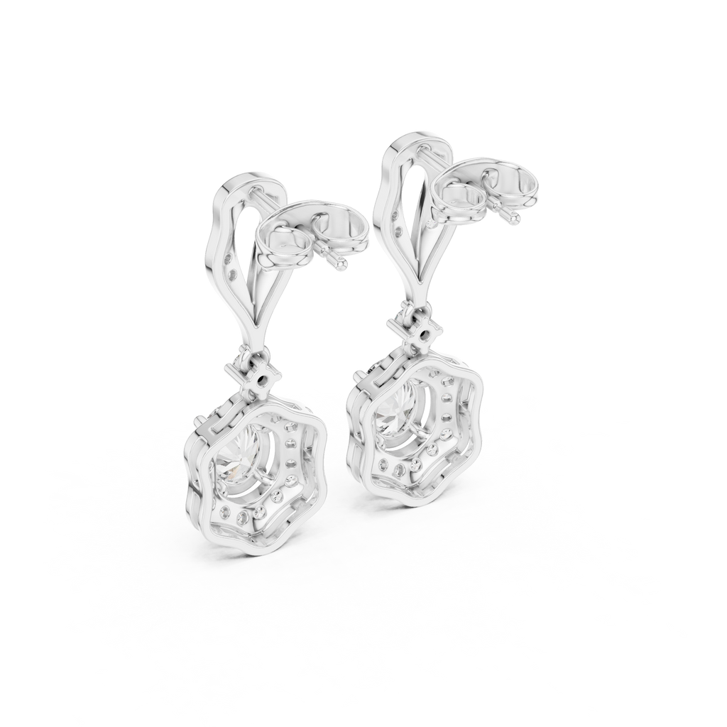 Silver-tone square halo drop earrings with faceted clear stones