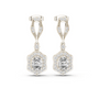 White gold drop earrings with diamond-shaped halos and round center stones