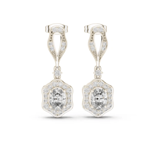 White gold drop earrings with diamond-shaped halos and round center stones