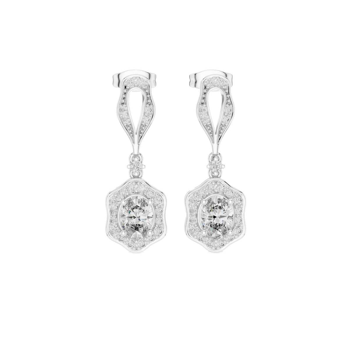 White gold oval cut drop earrings with halo diamonds and openwork oval top frames