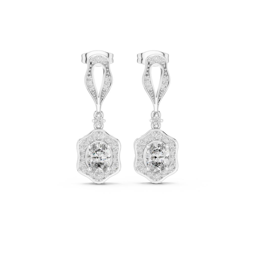 Silver-tone dangling earrings with pear top frames and round clear stones
