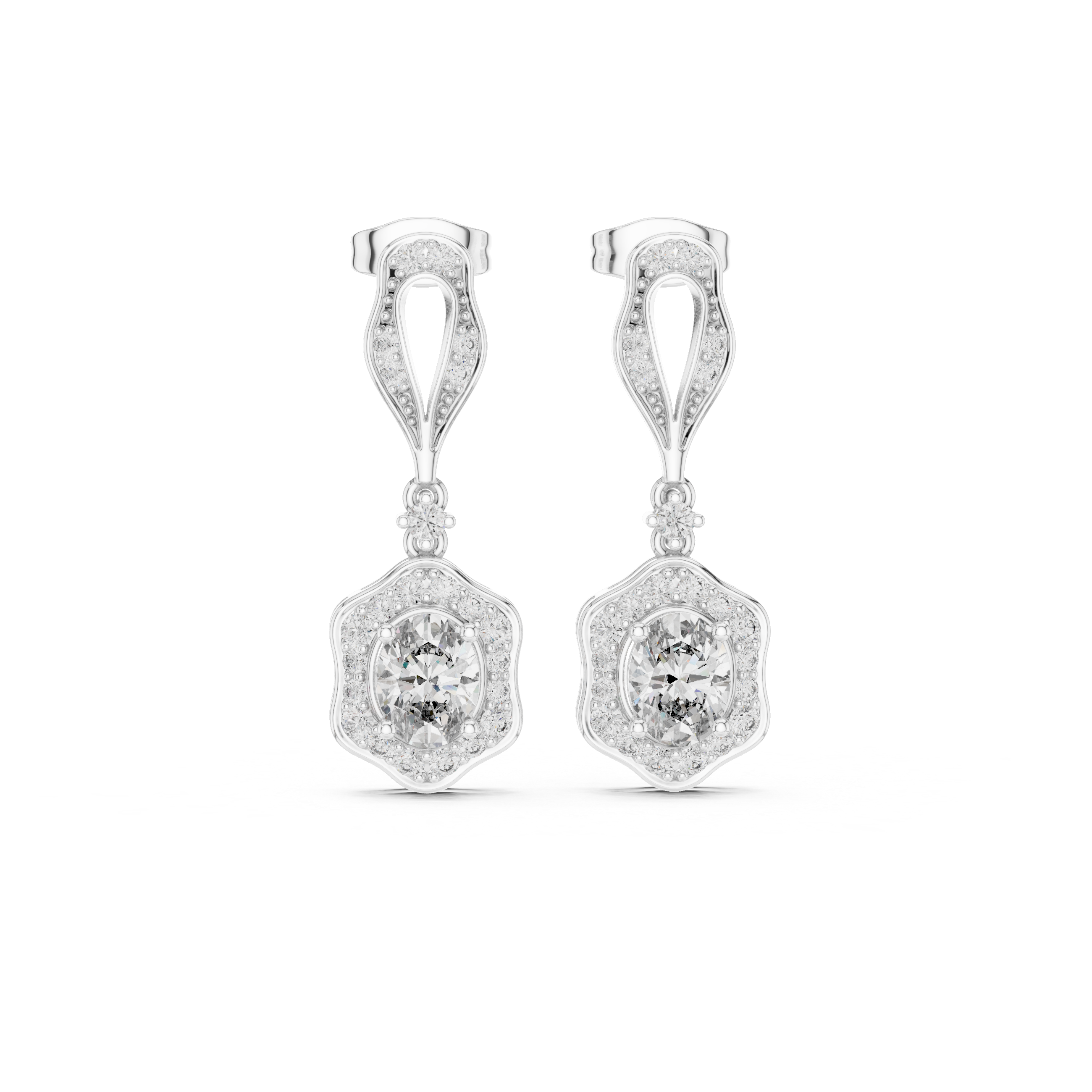 Silver-tone dangling earrings with pear top frames and round clear stones