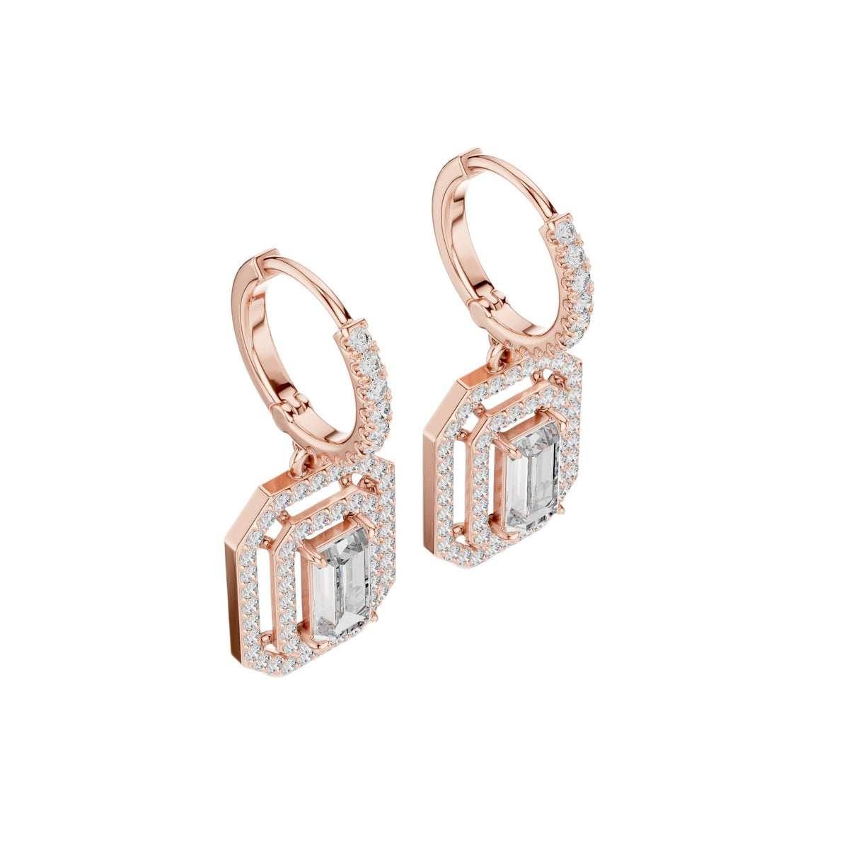 Rose gold geometric diamond drop earrings with baguette and round accents