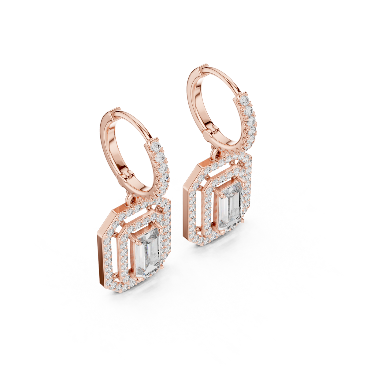 Rose gold geometric diamond drop earrings with baguette and round accents