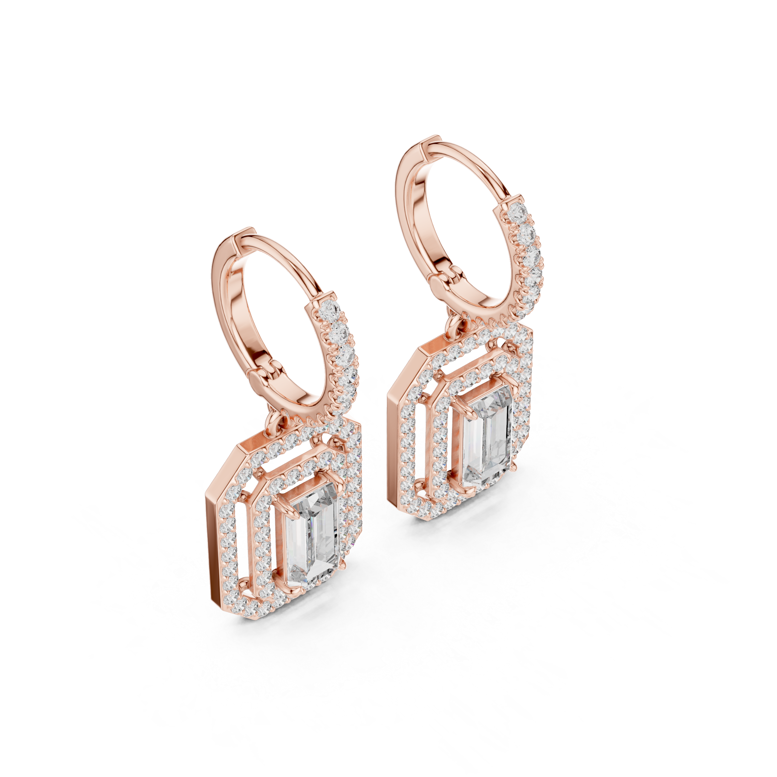 Rose gold hoop earrings with geometric drop and baguette-style center stones