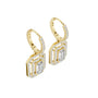 Yellow gold geometric diamond drop earrings with baguette and round diamond accents