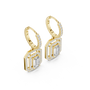 Yellow gold geometric diamond drop earrings with baguette and round diamond accents