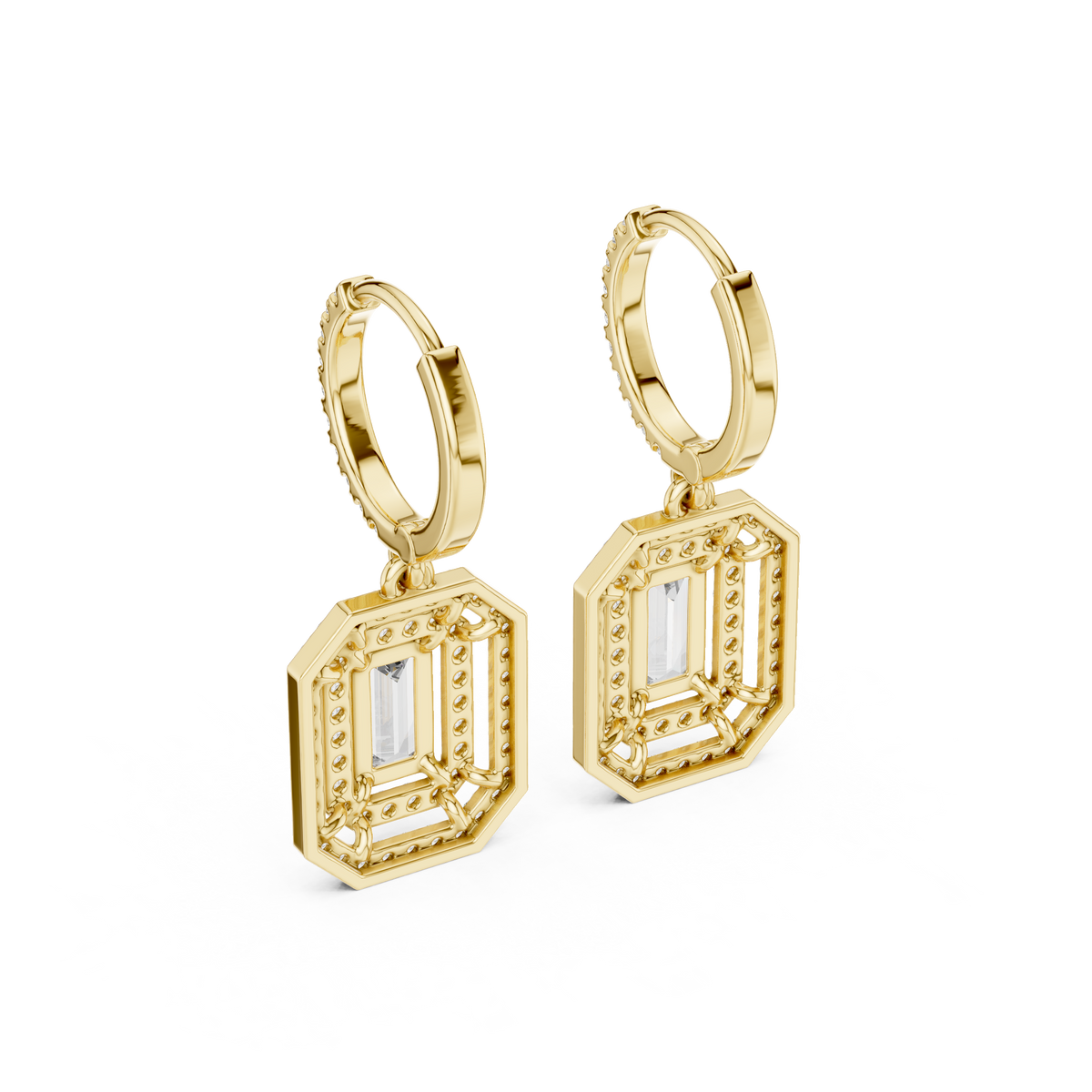 Yellow gold geometric diamond drop earrings with baguette-cut center stones