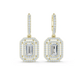 Yellow gold-tone octagonal halo drop earrings with baguette and emerald-cut stones