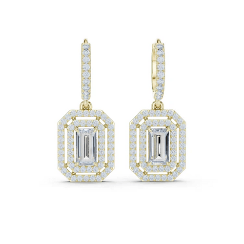 Yellow gold-tone octagonal halo drop earrings with baguette and emerald-cut stones