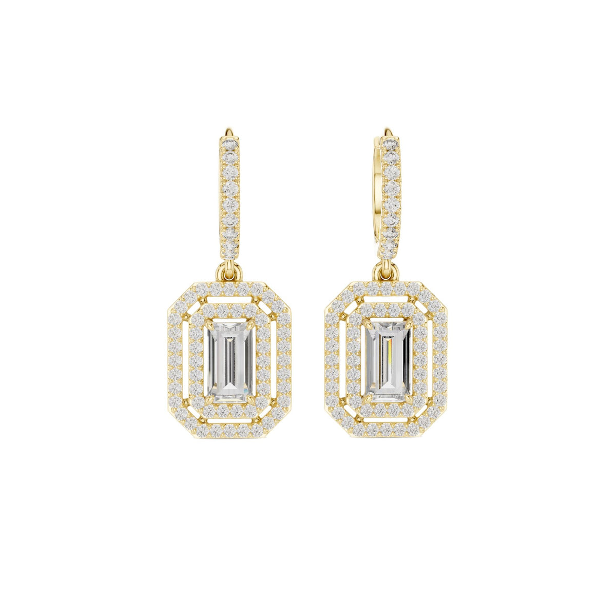 Yellow gold geometric diamond drop earrings with baguette-cut square center stones