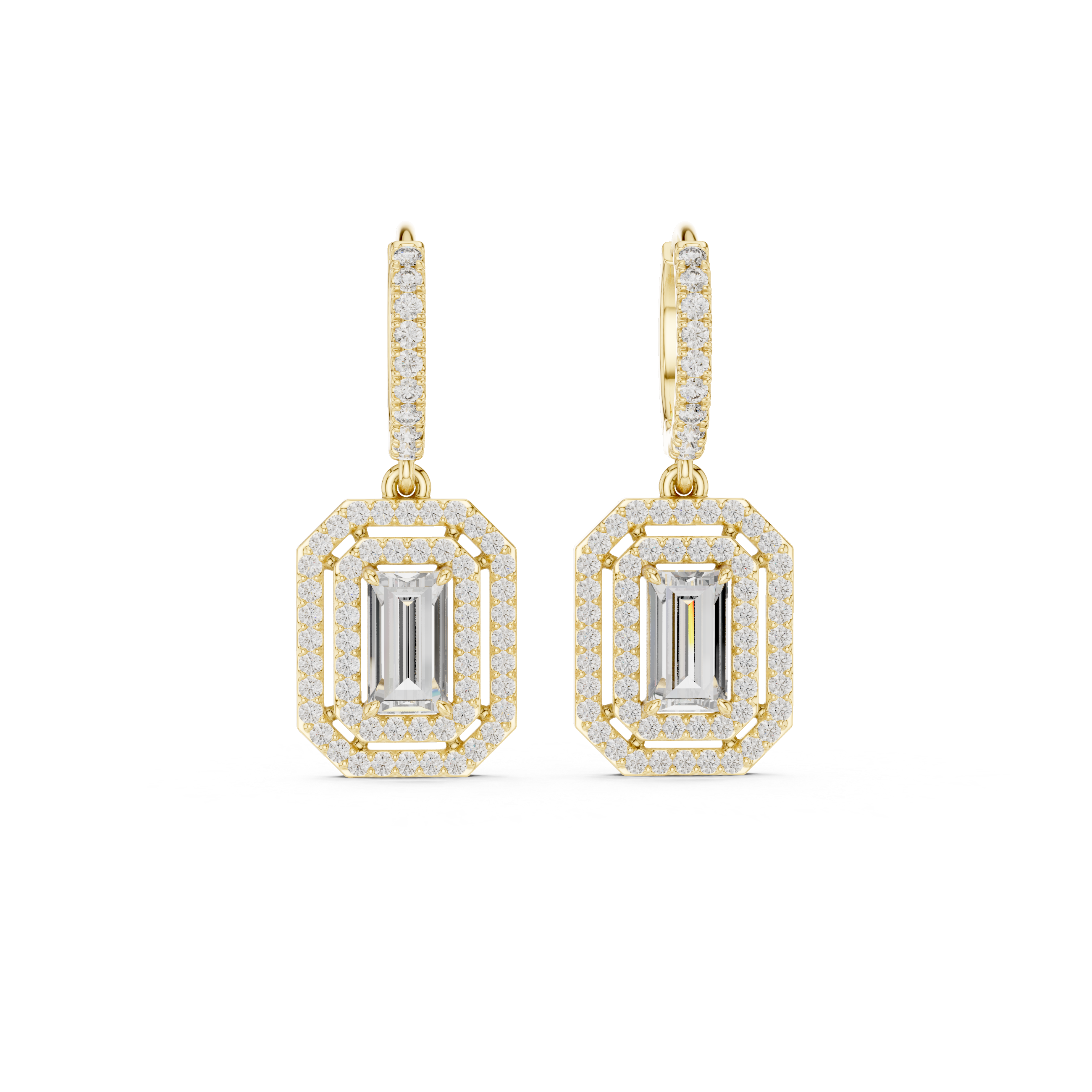 Yellow gold geometric diamond drop earrings with baguette-cut square center stones