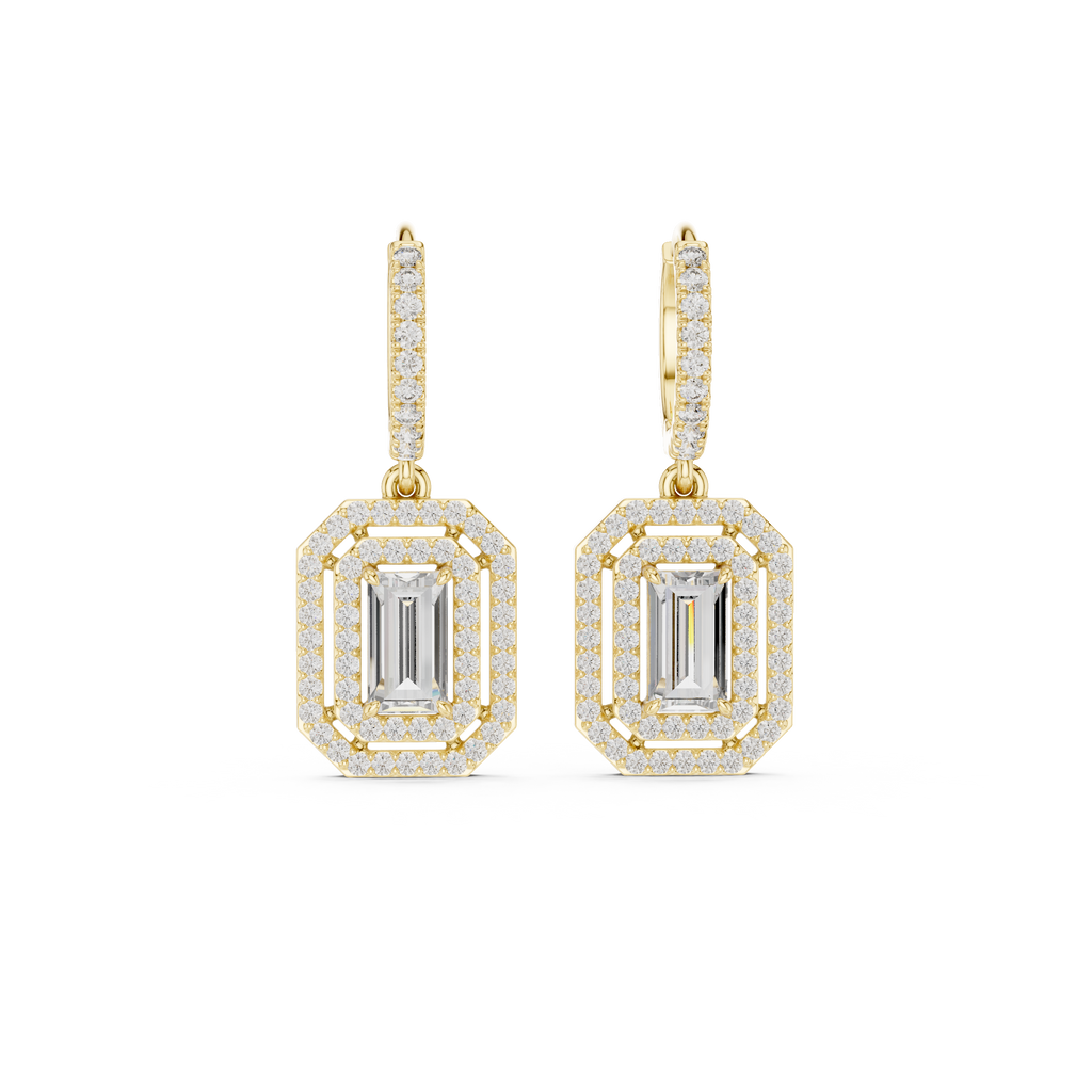 Yellow gold hoop earrings with emerald-cut style center stone and pavé borders