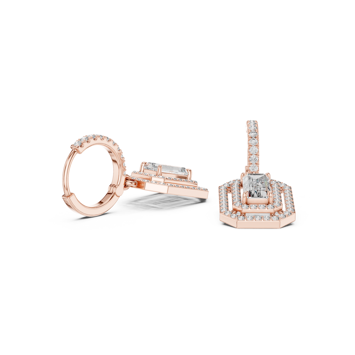 Rose gold geometric diamond drop earrings, side view with baguette-cut stone panels