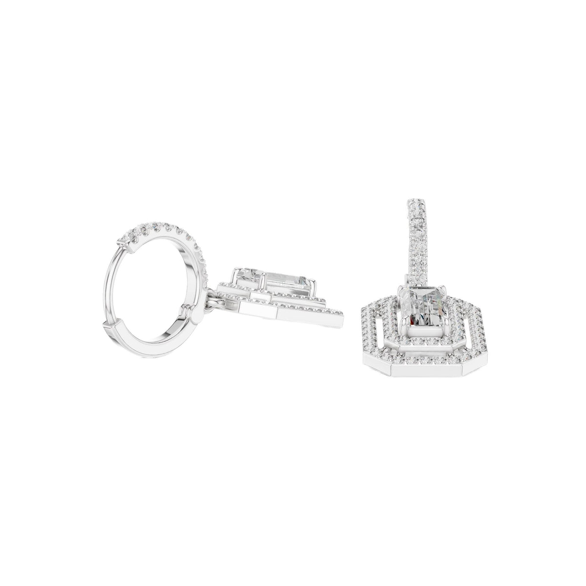 Marquise diamond hoop earrings in white metal, baguette accents