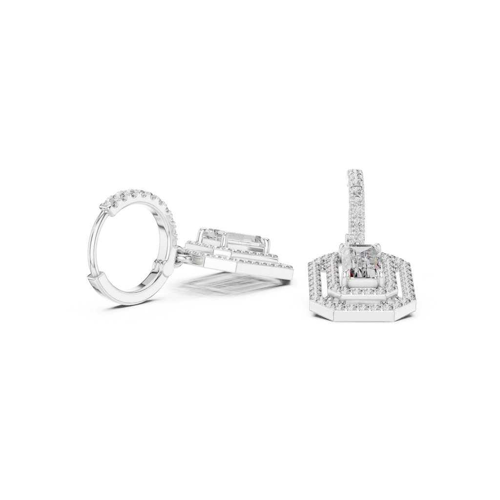 Marquise diamond hoop earrings in white metal, baguette accents