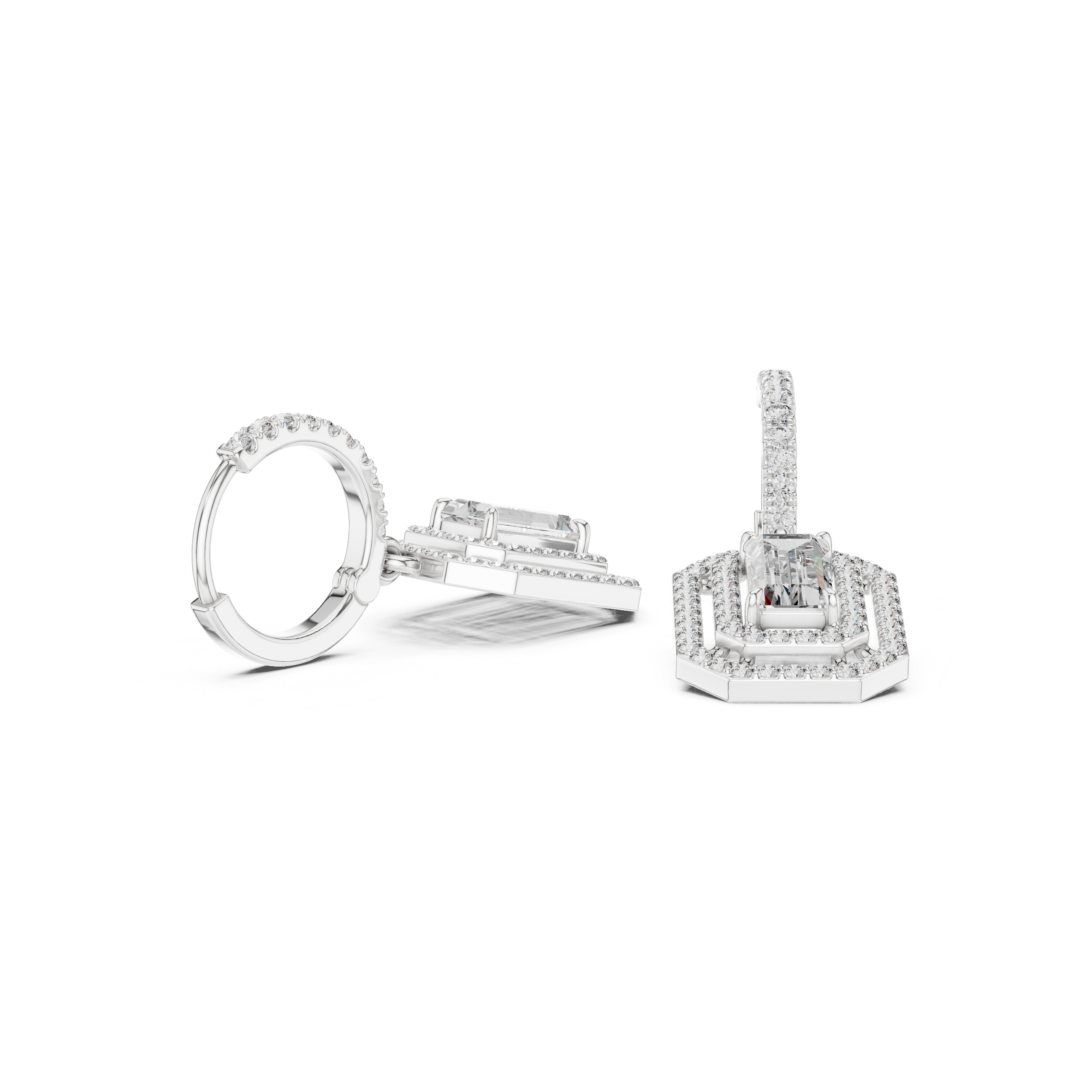 Marquise diamond hoop earrings in white metal, baguette accents