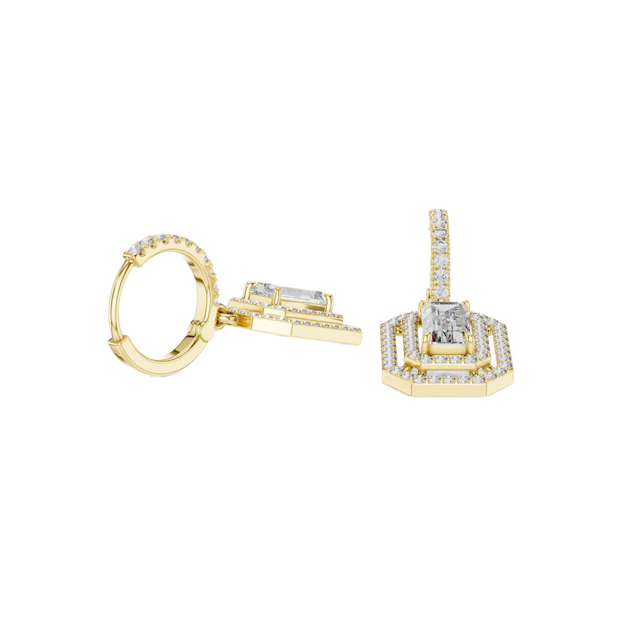 Marquise diamond hoop earrings in yellow gold, baguette accents