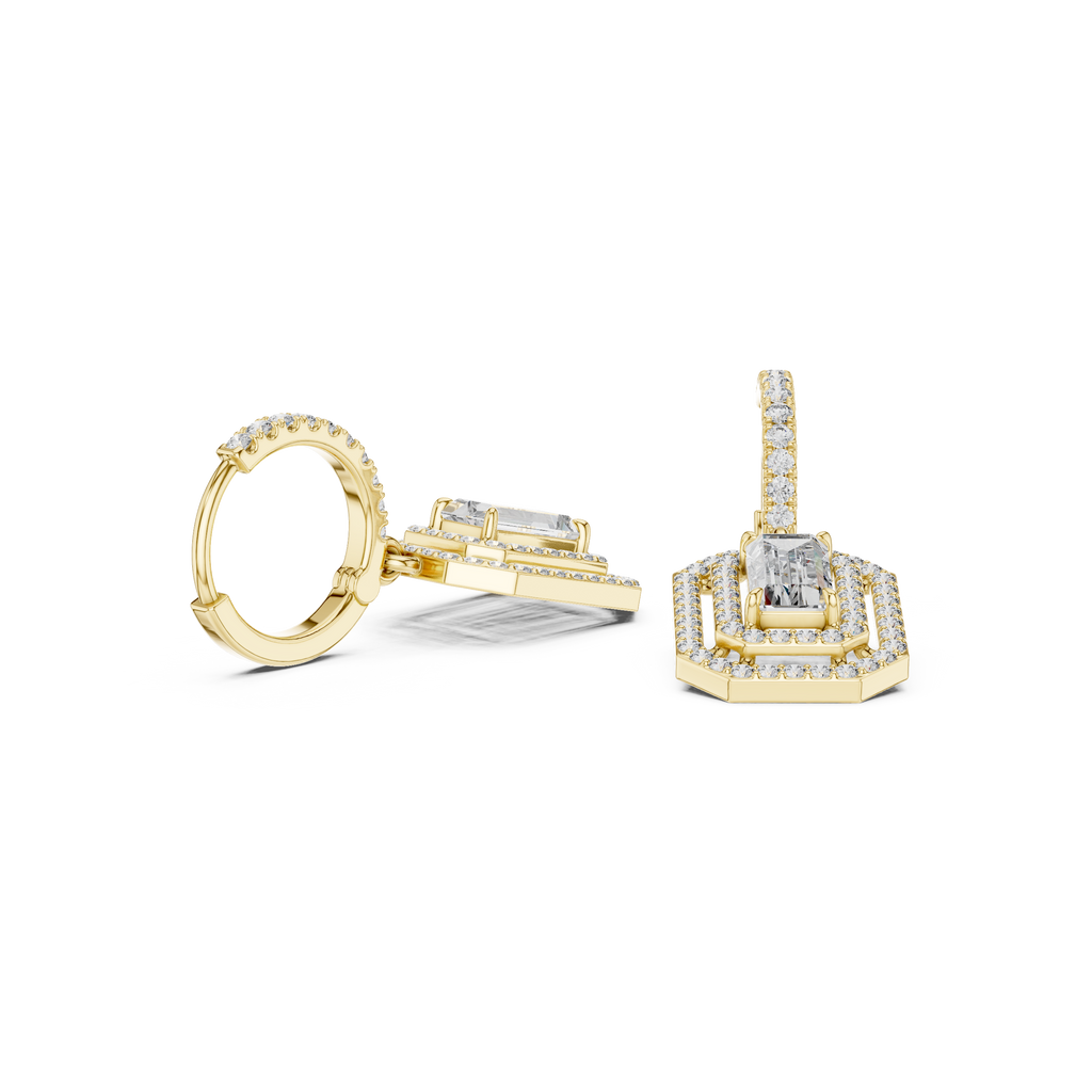 Marquise diamond hoop earrings in yellow gold, baguette accents