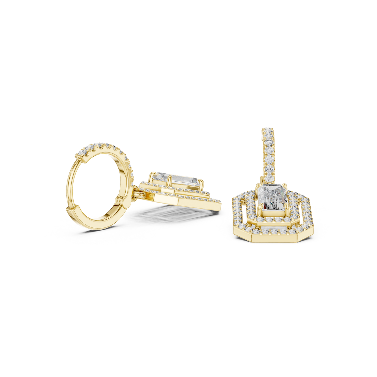 Marquise diamond hoop earrings in yellow gold, baguette accents