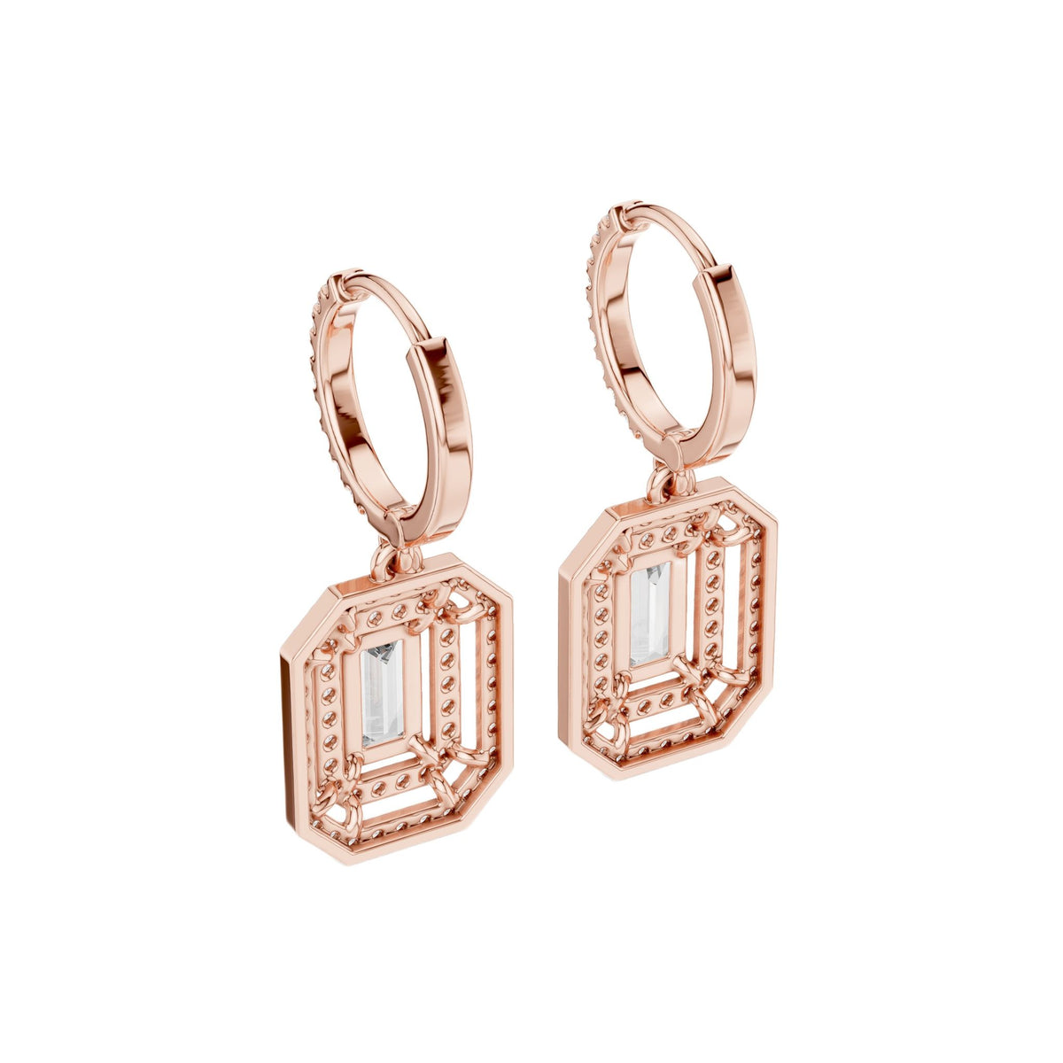 Rose gold geometric diamond drop earrings with baguette-cut center stones