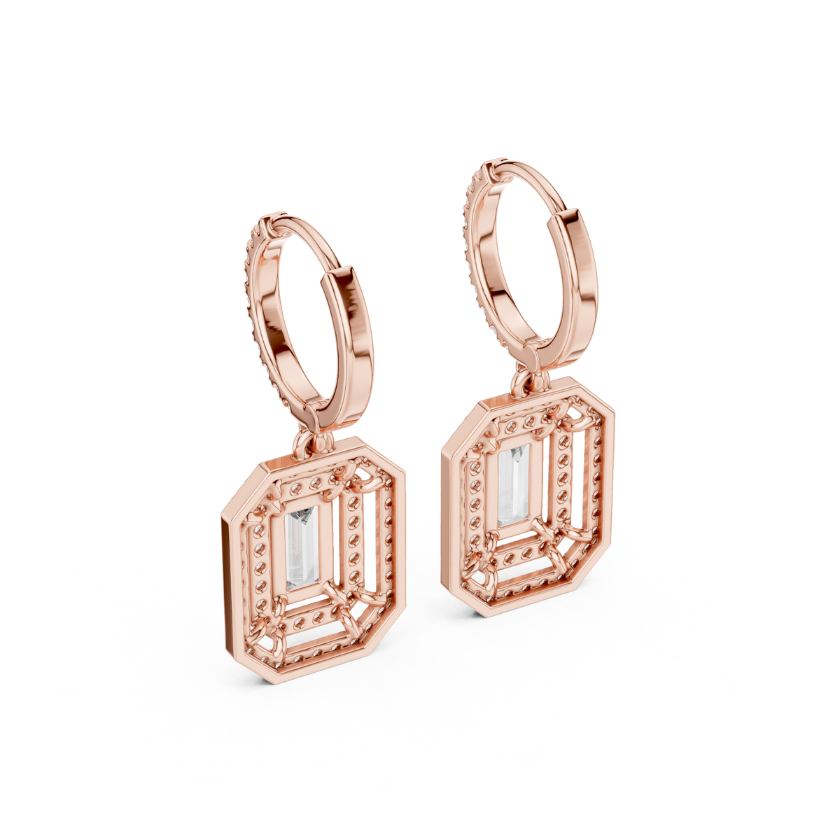Rose gold geometric diamond drop earrings with baguette-cut center stones