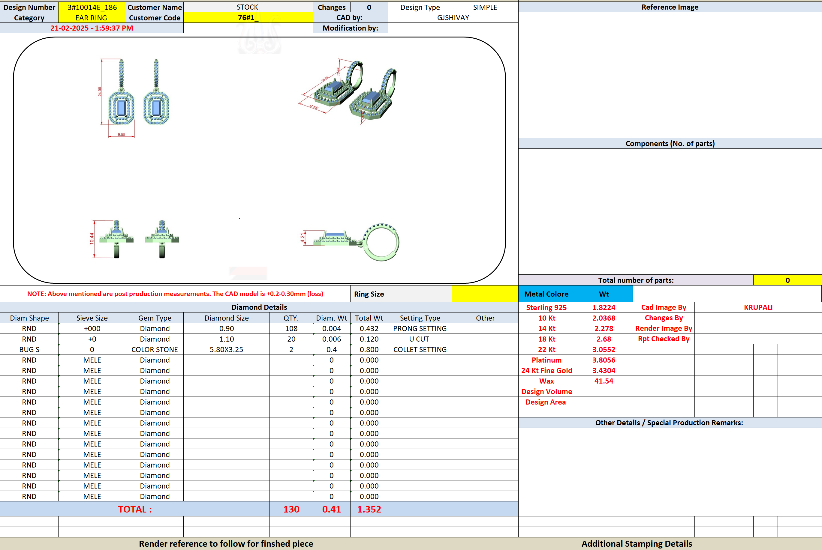 Earring engineering sheet with marquise setting diagram and measurements