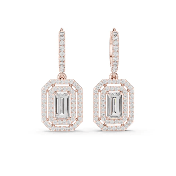 Gold-tone octagonal halo drop earrings with baguette and emerald-cut stones