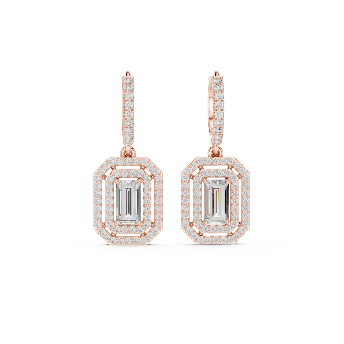 Rose gold geometric diamond drop earrings with baguette-cut square centers