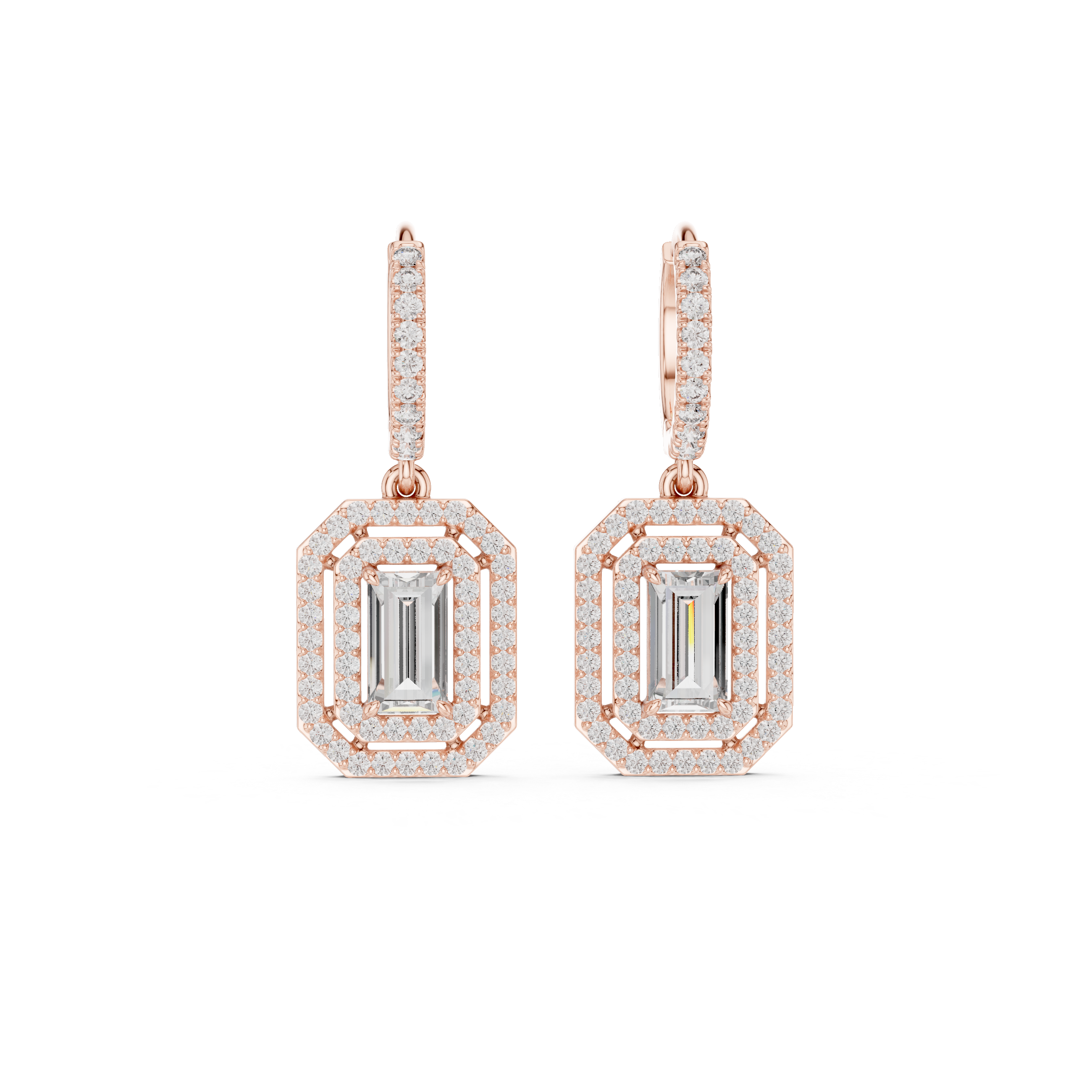 Rose gold hoop earrings with emerald-cut style center stone and pavé borders