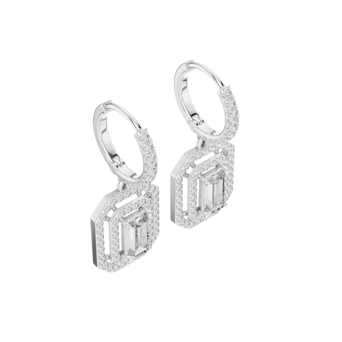 White gold geometric diamond drop earrings with baguette and round diamond accents