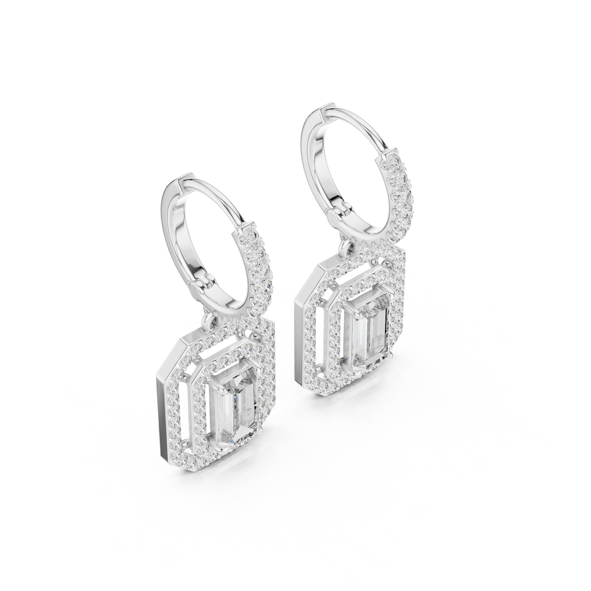 White gold geometric diamond drop earrings with baguette and round diamond accents