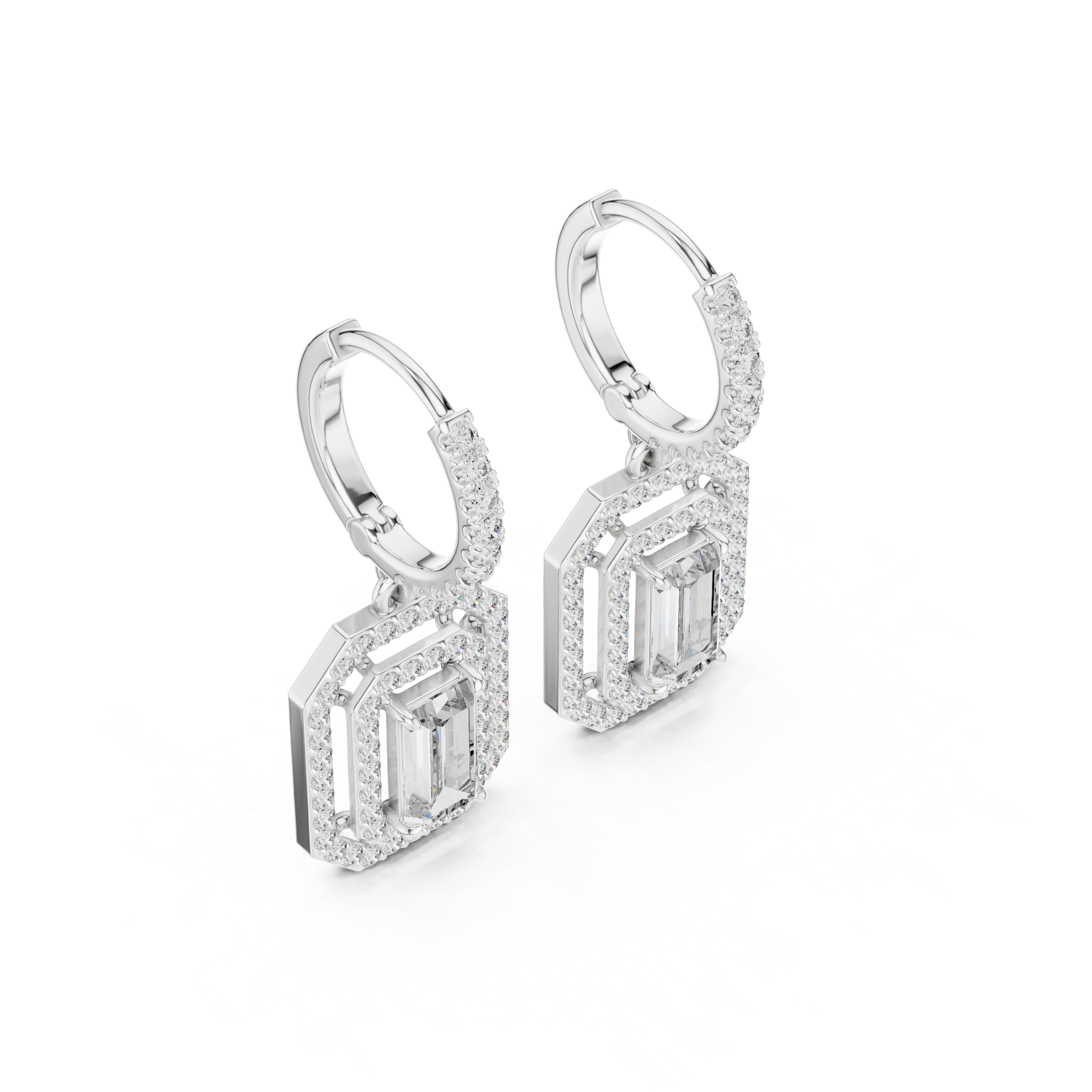 White gold hoop earrings with geometric drop and baguette-style center stones
