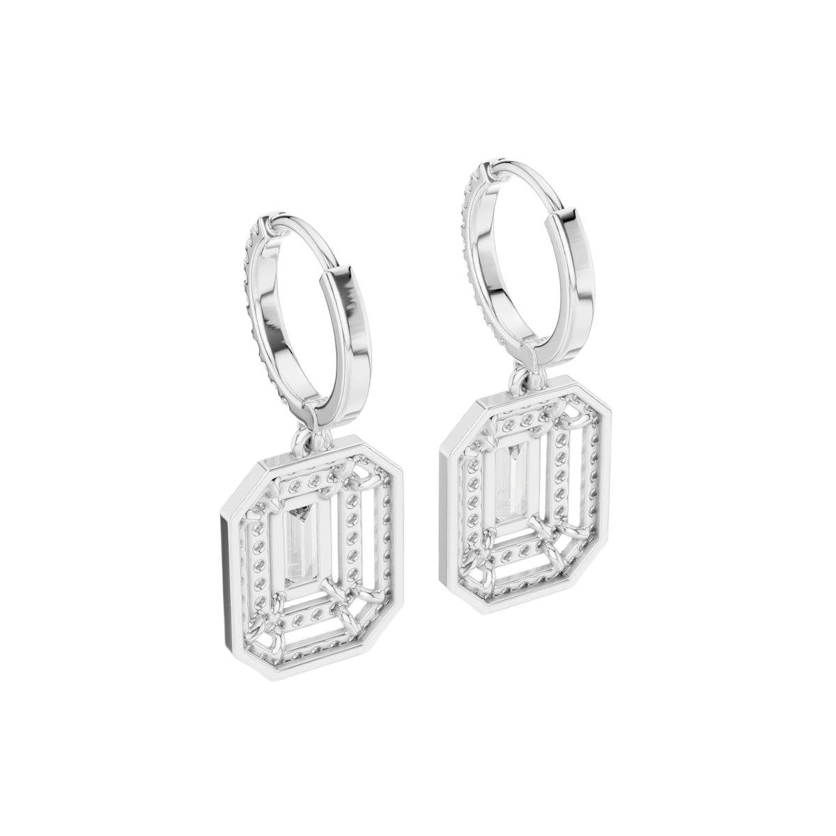 White gold geometric diamond drop earrings with baguette-cut center stones