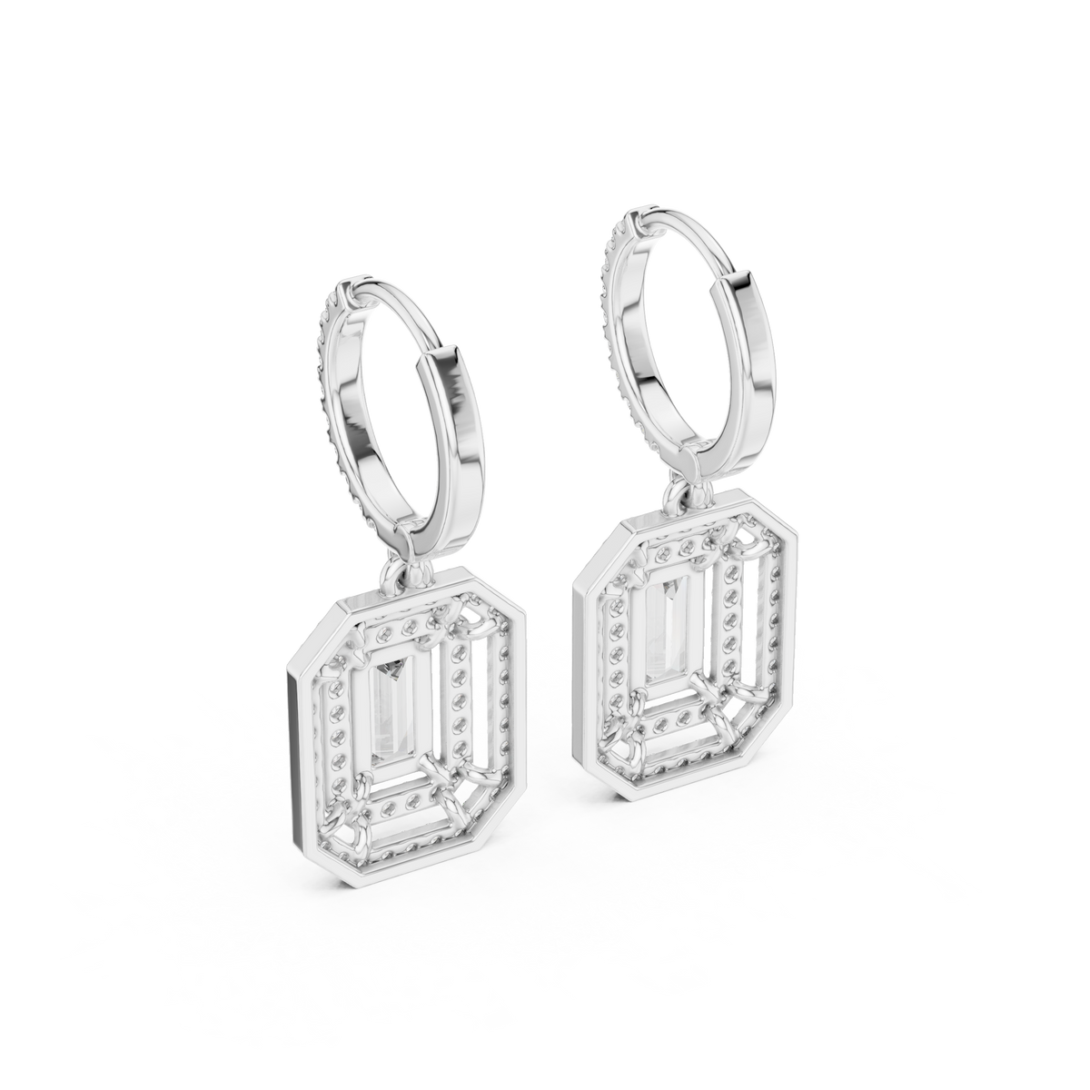 White gold geometric diamond drop earrings with baguette-cut center stones