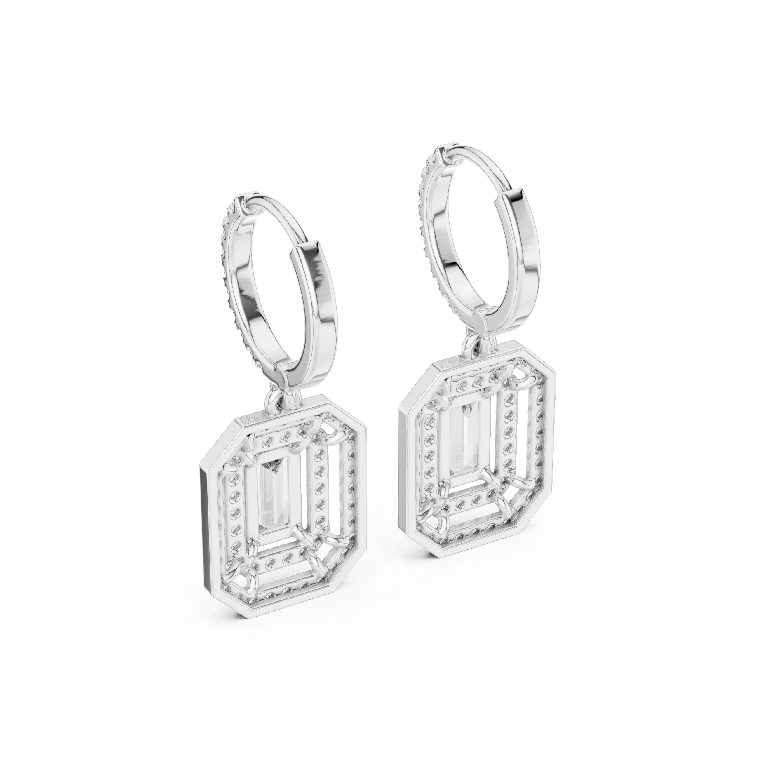 White gold hoop earrings with square pendant drop and pavé stone detailing