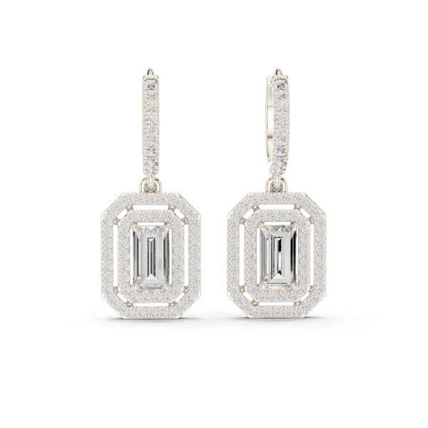 Silver-tone octagonal halo drop earrings with baguette and emerald-cut stones