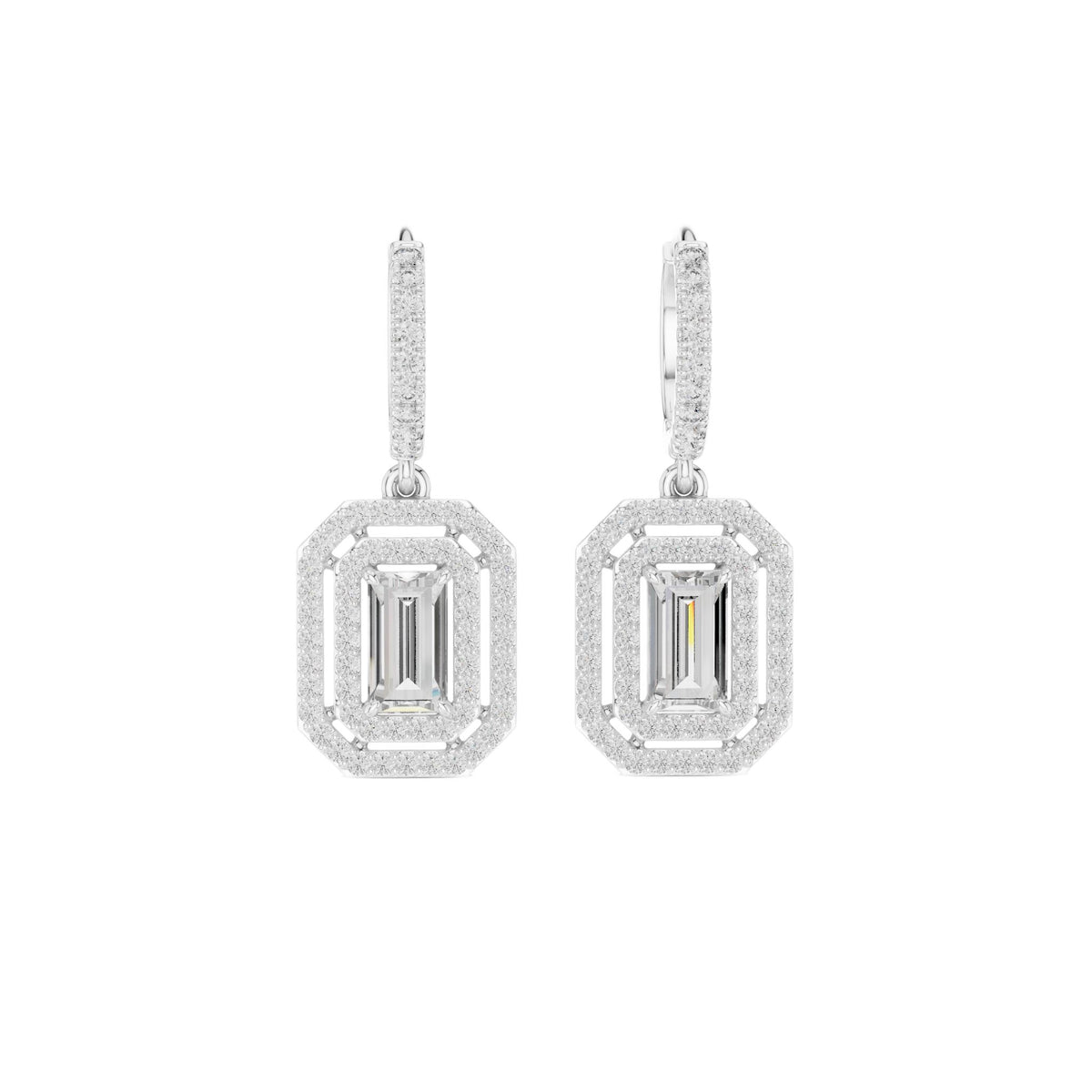 White gold geometric diamond drop earrings with baguette-cut square center stones