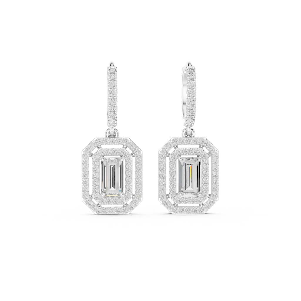 White gold hoop earrings with emerald-cut style center stone and pavé borders