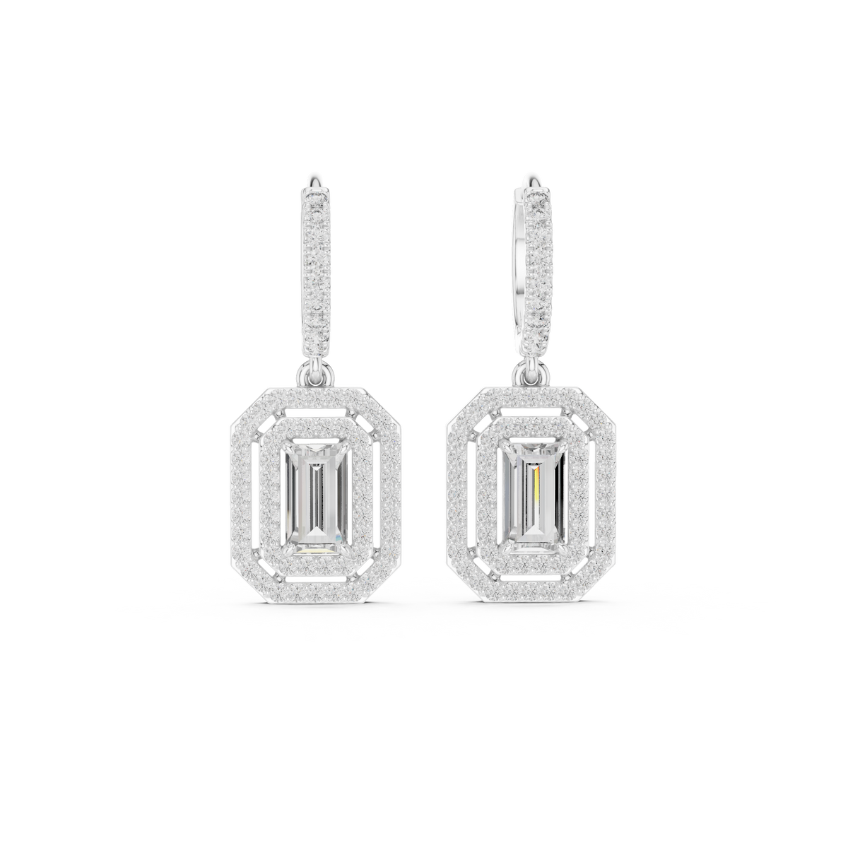 White gold geometric diamond drop earrings with baguette-cut square center stones