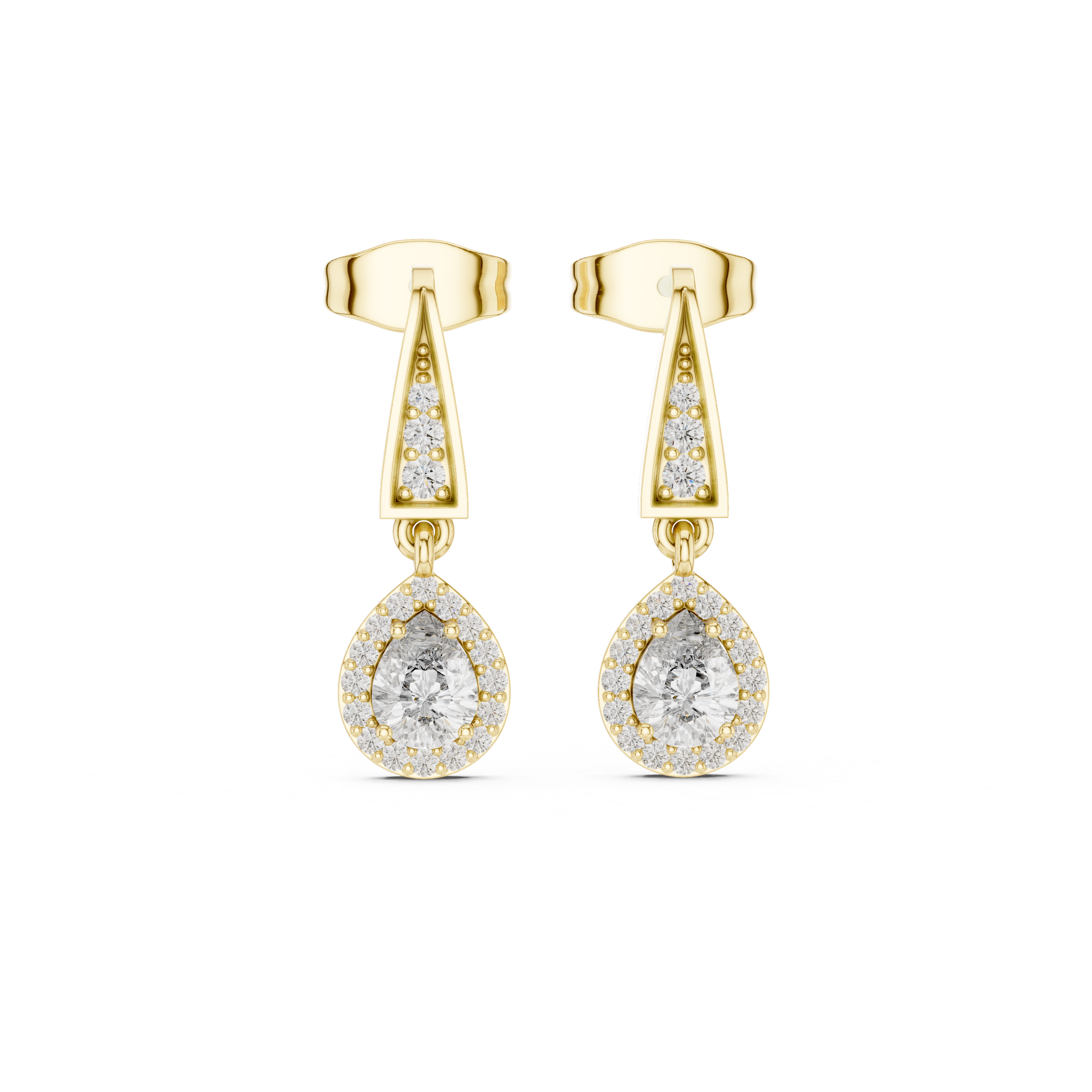 Pear-cut diamond drop earrings in yellow gold with pear teardrop stones and pavé tops