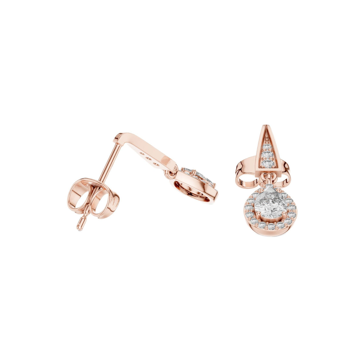 Pear-cut diamond drop earrings in rose gold, angled view showing pear teardrop dangles