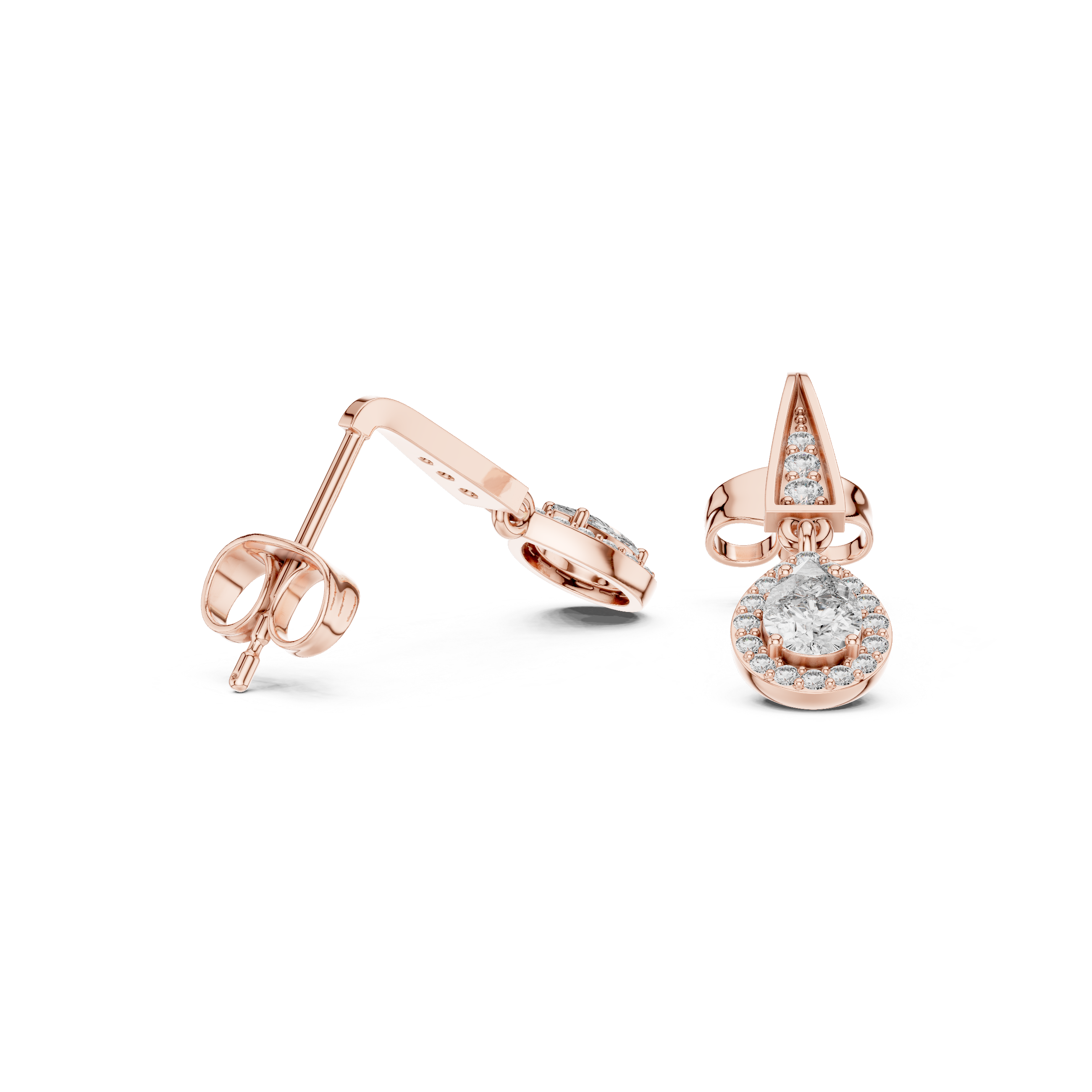 Rose gold oval drop earrings shown in profile with crystal dangles